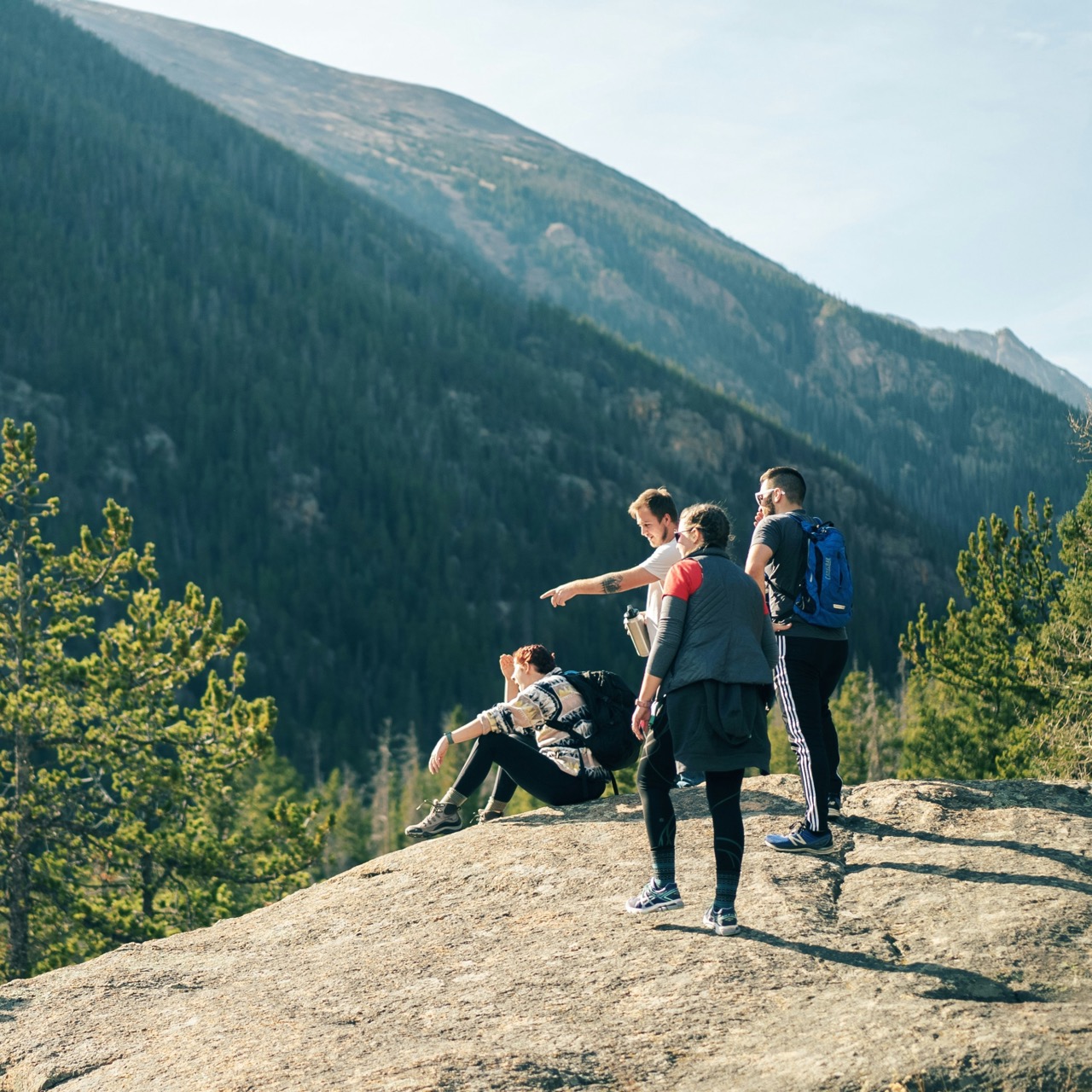 Four hikers on a rocky overlook surrounded by pine trees, with one person seated and the others standing, pointing out toward distant forested mountains.